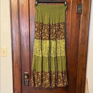Bohemian Tiered Maxi Skirt in Olive & Brown